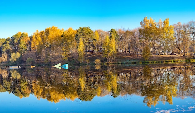 Visualización del bosque de otoño en el agua.