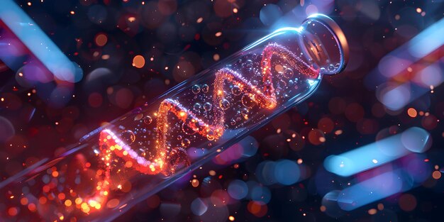 Visualización de cadenas de ADN magnificadas en un tubo de ensayo que muestra las maravillas de la biotecnología Concepto de ampliación de ADN Tubo de ensayo Maravillas de biotecnologia Visualización genética Fotografía científica