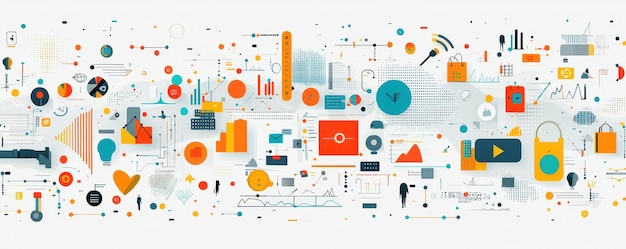 Visualización cautivadora de conceptos de marketing con gráficos coloridos y iconos que representan el análisis de datos, las redes sociales y las tendencias tecnológicas