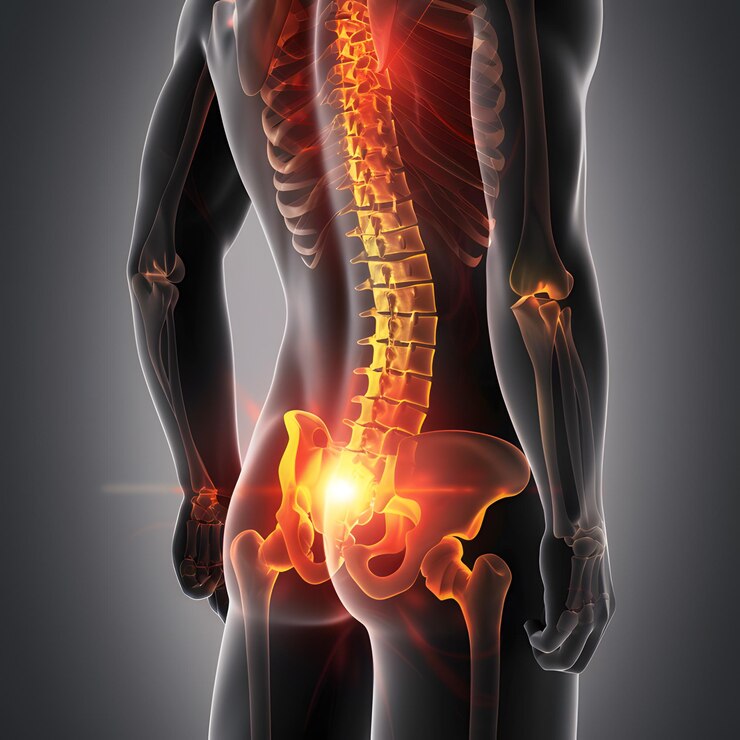 Visualización de la columna vertebral humana dolor de espalda baja con colores rojo y naranja