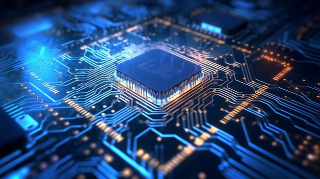 Visualización de un concepto tecnológico futurista que muestra una placa de circuito con una CPU y un microchip que inicia GENERATE AI