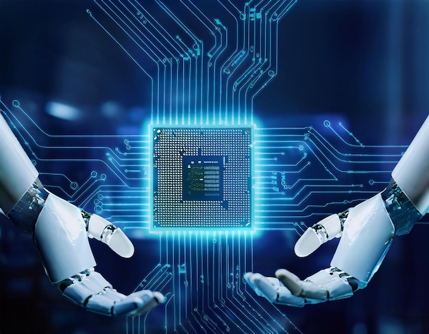 Visualización de conceptos futuristas de alta tecnología que se centran en la placa base y el procesador de CPU de microchip