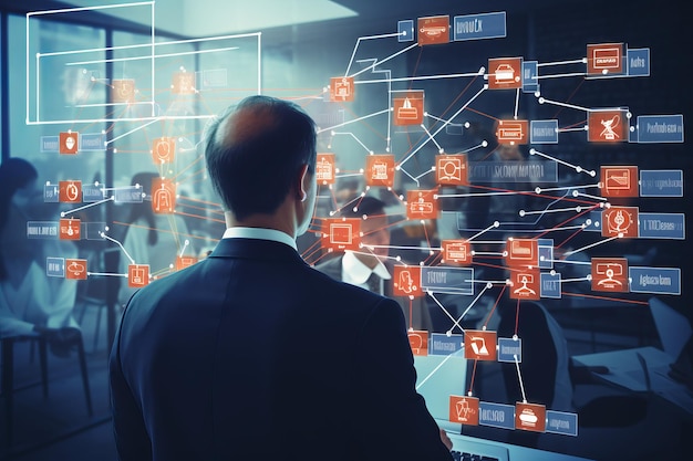 Foto visualización de las conexiones organizativas utilizando mapas mentales virtuales, organigramas y diagramas de flujo para