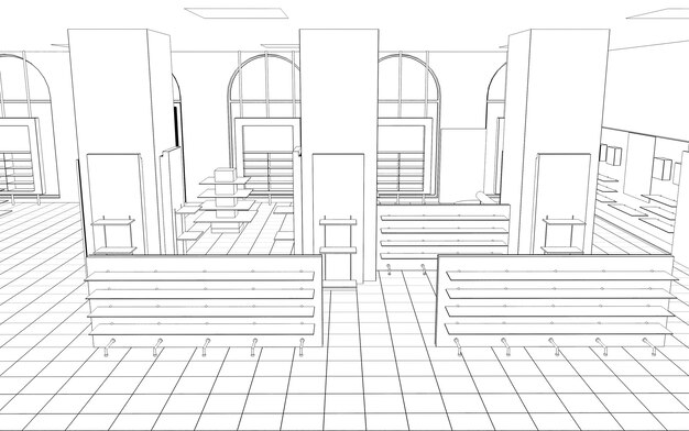 Visualización del contorno del centro comercial Esquema de dibujo de representación 3D