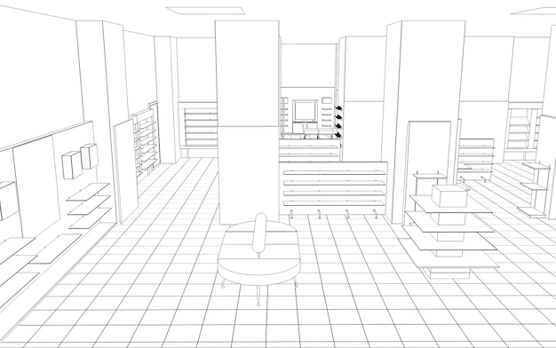 Visualización del contorno del centro comercial Esquema de dibujo de representación 3D