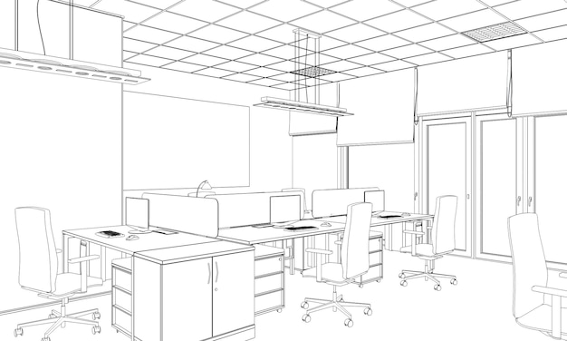 Visualización de contorno de oficina Esquema de boceto de ilustración 3D