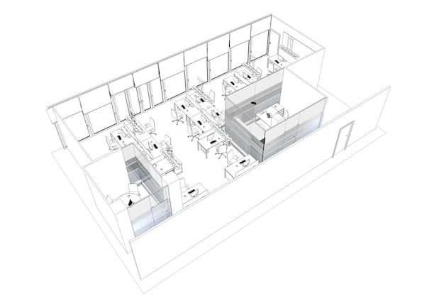 Visualización de contorno de oficina Esquema de boceto de ilustración 3D