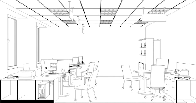 Visualización del contorno de la oficina Ilustración 3D Esbozo del contorno