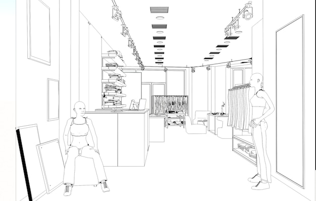 Visualización de contorno de tienda de ropa Esquema de boceto de ilustración 3D
