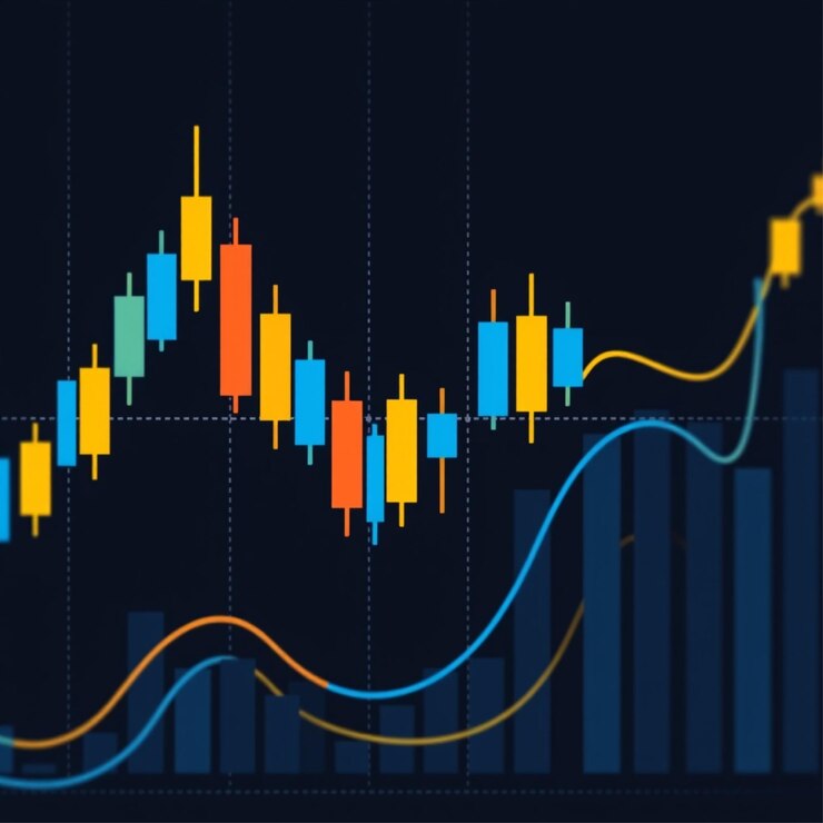 Visualización del crecimiento del mercado financiero con candelabros