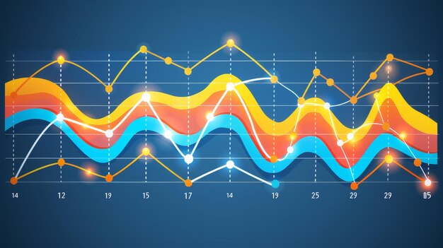 Visualización de datos abstractos con líneas onduladas y puntos brillantes