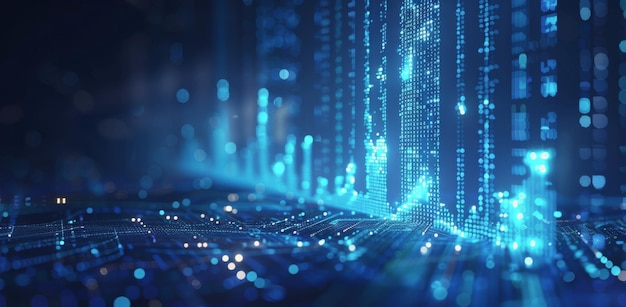Visualización de datos digitales abstractos con luces azules y efectos Bokeh