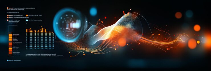 Foto visualización de datos financieros con gráficos digitales con formas abstractas, gráficos y brillos