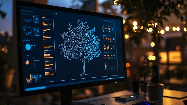 Foto visualización de datos en una pantalla de computadora que muestra una estructura en forma de árbol con gráficos y gráficos