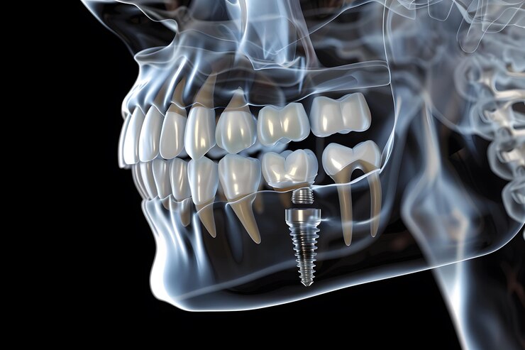 Visualización detallada de rayos X de un implante dental en un cráneo humano