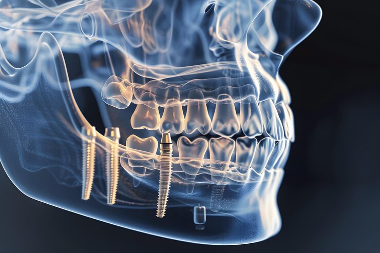 Visualización detallada de rayos X de una mandíbula con implantes dentales