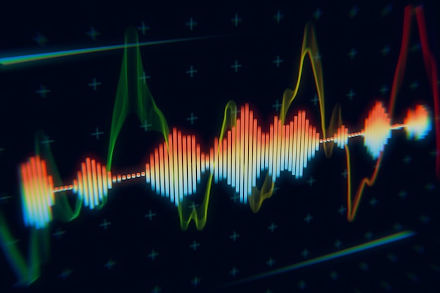 Una visualización digital de ondas sonoras coloridas con una forma de onda dinámica contra un fondo oscuro