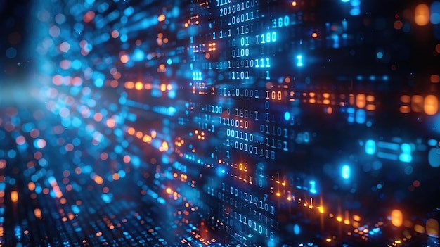 Visualización dinámica de datos digitales con partículas azules y naranjas brillantes que crean un fondo de alta tecnología para temas de tecnología e innovación