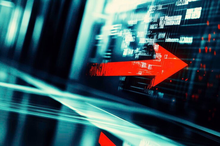 Foto visualización dinámica del procesamiento de datos con una flecha roja en negrita que indica el movimiento hacia adelante en un entorno digital de alta tecnología de números y gráficos