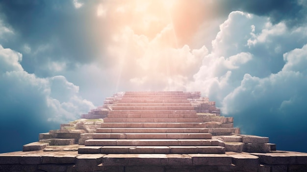 Visualización de escaleras al cielo Escaleras de piedra que suben a la visualización del cielo nublado Luz brillante visible en las nubes que representan el cielo IA generativa
