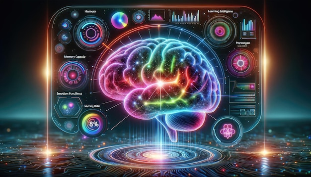 Una visualización futurista muy detallada del análisis de la actividad cerebral con redes neuronales brillantes y gráficos avanzados de análisis de datos