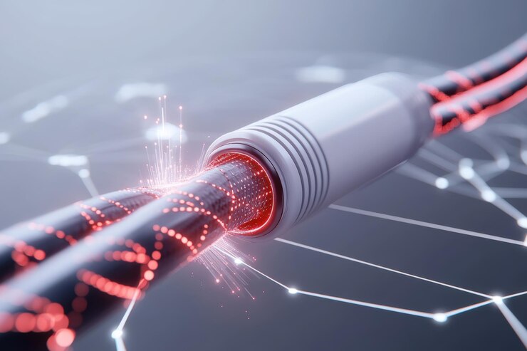Foto visualización futurista de la transmisión de datos de alta velocidad a través de cables de fibra óptica