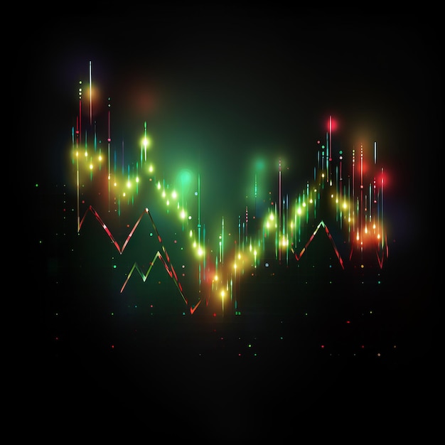 Visualización de grandes datos abstractos Líneas brillantes verdes y rojas con puntos Fondo tecnológico