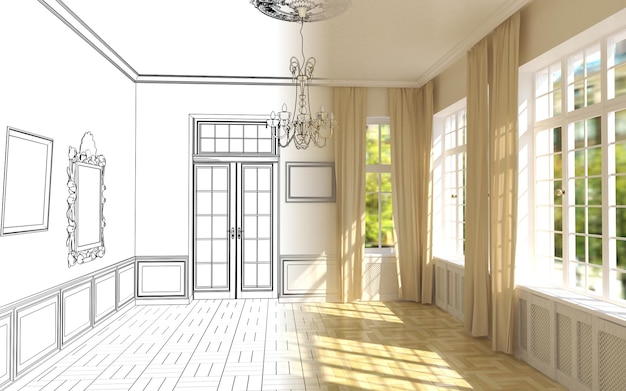 Visualización del interior de la habitación vacía Ilustración 3D Render cg