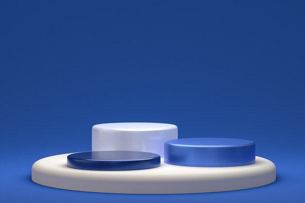 Visualización mínima de podio o pedestal sobre fondo azul para la presentación de productos cosméticos