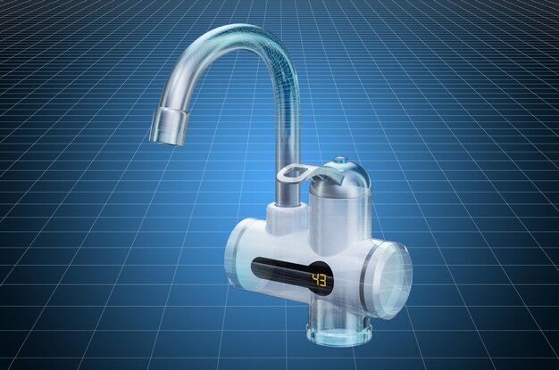 Visualización modelo CAD 3D de plano de calentador de agua caliente eléctrico instantáneo representación 3D