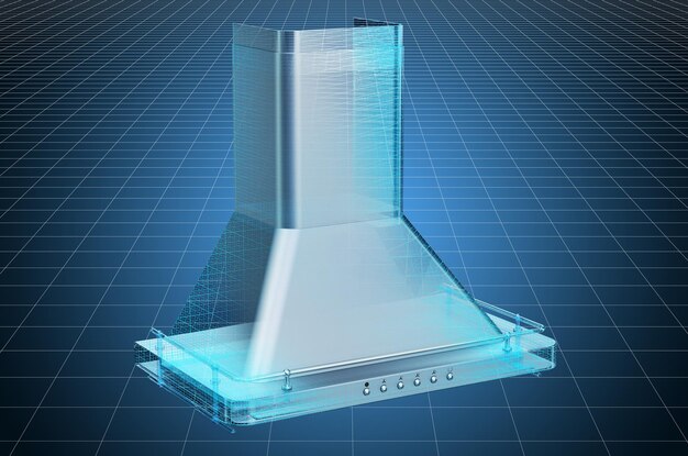 Visualización del modelo CAD en 3D del plano de la campana de escape de la cocina Representación 3D