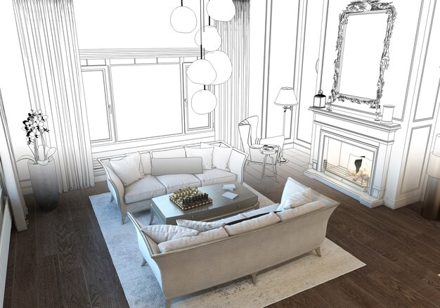 Visualización del moderno diseño de interiores residenciales Ilustración 3D Render cg