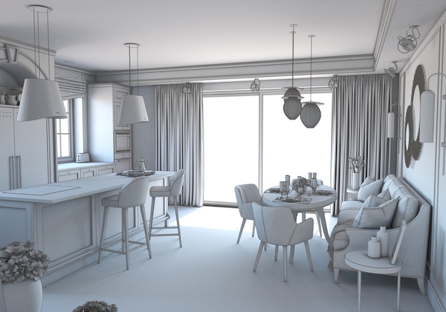 Visualización del moderno diseño de interiores residenciales Ilustración 3D Render cg