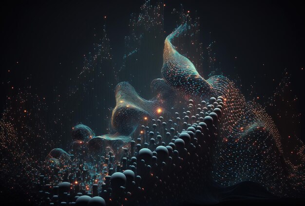 Visualización del movimiento de big data Puntos y líneas de colores sobre un fondo negro Singularidad de la tecnología cibernética futurista Fondo oscuro abstracto Representación 3D Generado por IA