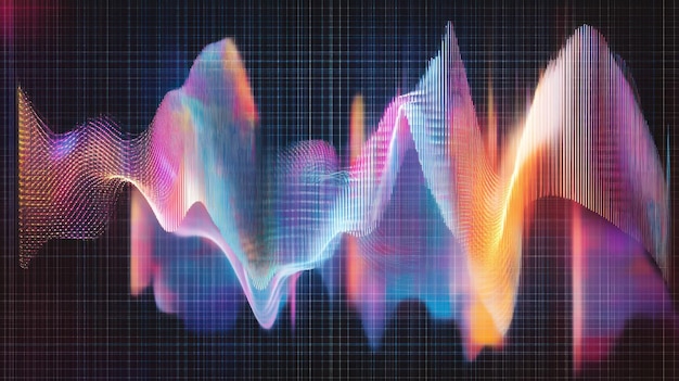 Visualización de ondas sonoras abstractas con colores vibrantes y fondo oscuro