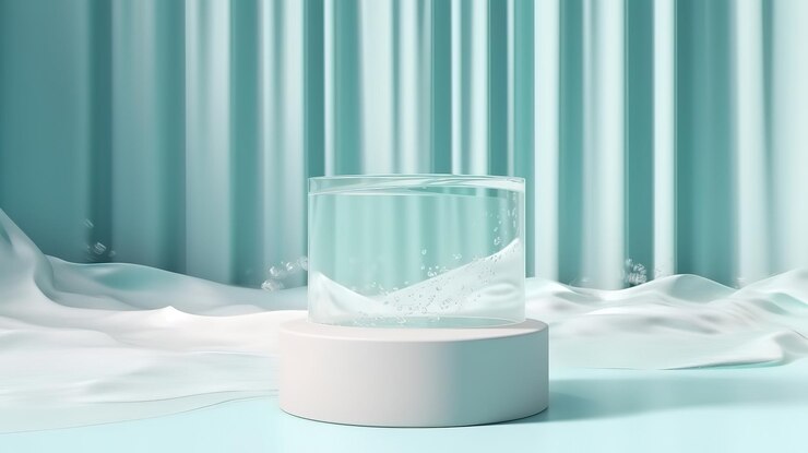 Visualización de podio 3D en el agua Vista al mar Fondo pastel Generativo ai