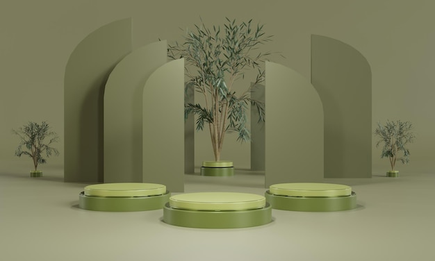 Visualización de podio 3D con árbol Copia espacio fondo verde Maqueta de promoción de productos cosméticos o de belleza rendy banner mínimo 3D render