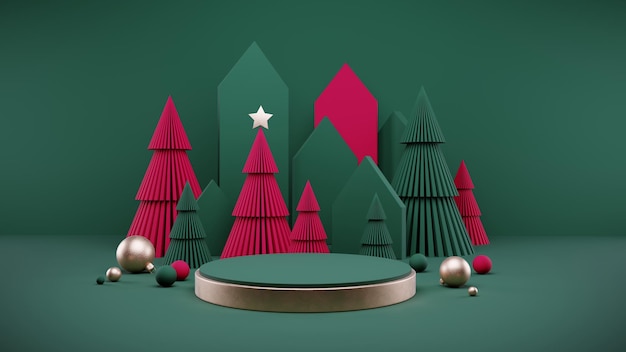 Visualización de podio 3D Navidad con formas geométricas y fondo verde