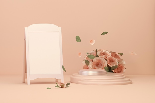 Visualización de podio 3D sobre fondo rosa pastel con flores y cajas de luz Letreros 3d render