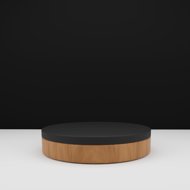 Visualización de podio de escenario de renderizado 3d de madera y negro para presentación de productos con fondo blanco