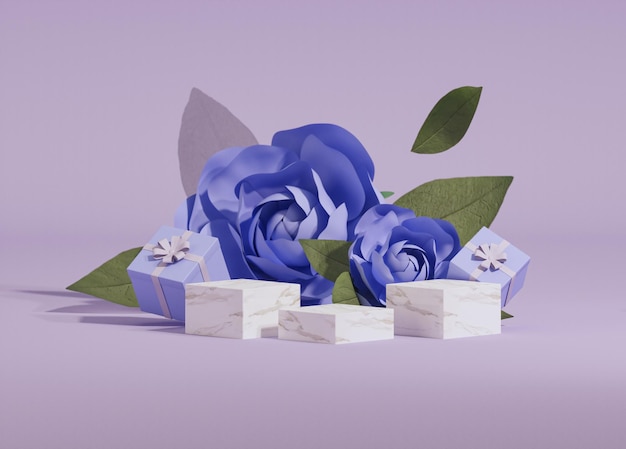 Visualización de podio de mármol 3D sobre fondo azul y púrpura pastel con flores rosas, regalos .3d render