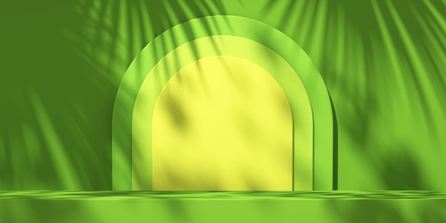 Visualización de podio de producto verde y amarillo 3D con fondo naranja y sombra de árbol Fondo de maqueta de producto de verano Ilustración de representación 3D