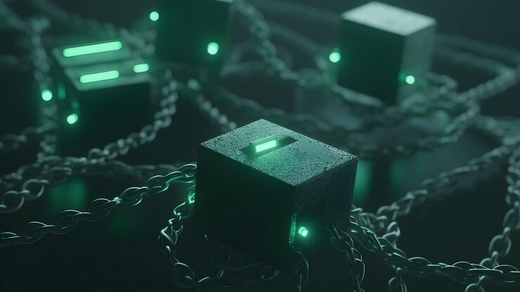 Foto visualización de la red blockchain futurista con formas geométricas brillantes y nodos interconectados