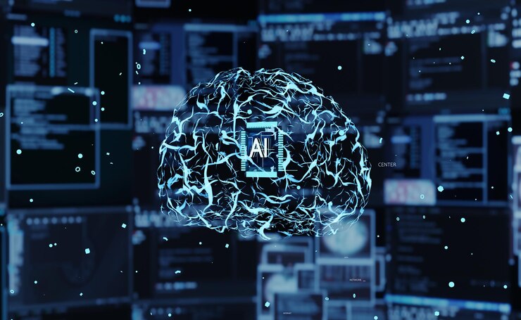Foto visualización del sistema de inteligencia artificial que imita el funcionamiento del cerebro humano. ai utiliza el aprendizaje automático para manejar tareas al considerar observaciones de muestra, animación de renderizado 3d