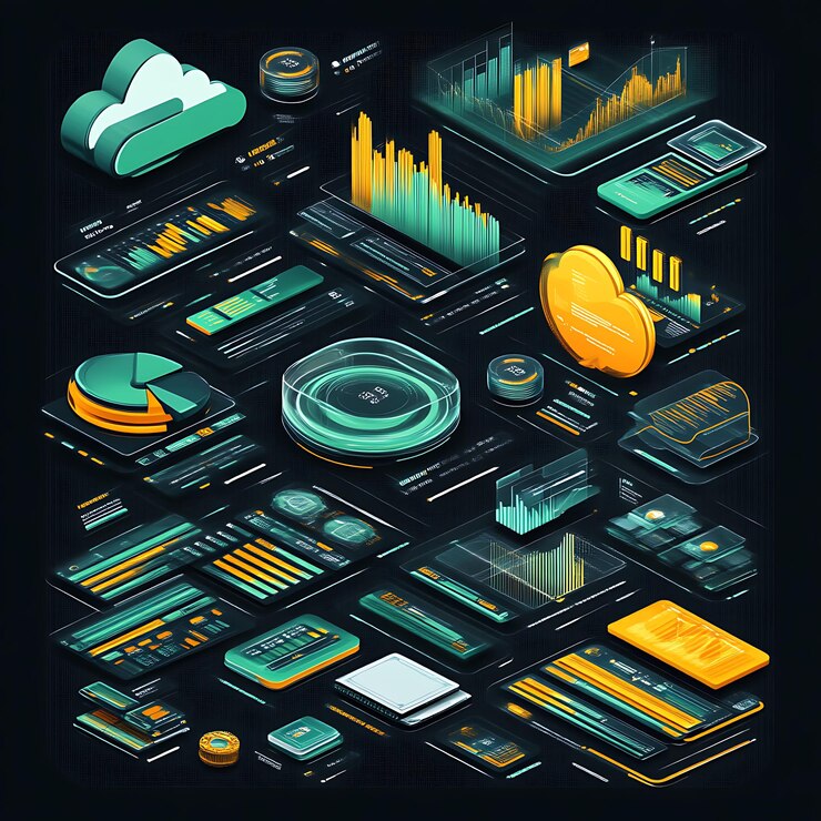 Foto visualización del tablero de análisis de datos de computación en nube isométrica