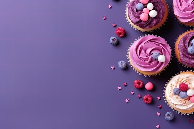 Foto visualización vibrante de cupcakes topview sobre un fondo morado