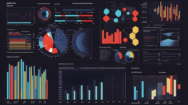 Visualizaciones de datos coloridas en un fondo oscuro