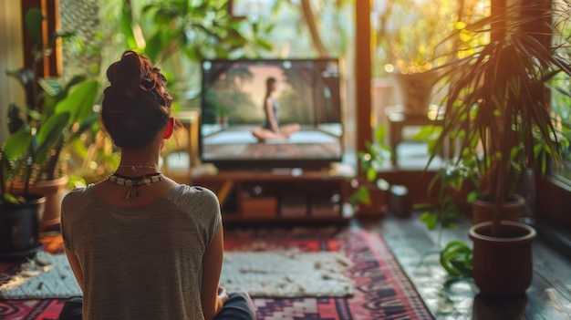 Foto visualizador envolvido praticando ioga em casa assistindo a um vídeo instrutivo