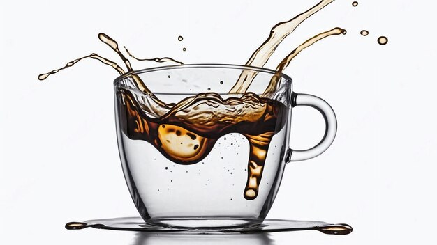 Visualizar una composición impresionante donde una taza de café parece flotar sin peso con gotas de