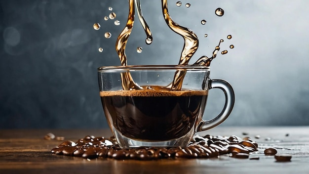 Visualizar una composición impresionante donde una taza de café parece flotar sin peso con gotas de